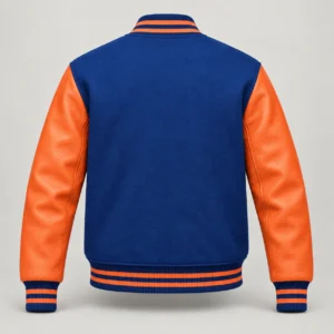 Royal Blue Wool and Orange Leather Varsity Jacket, back view