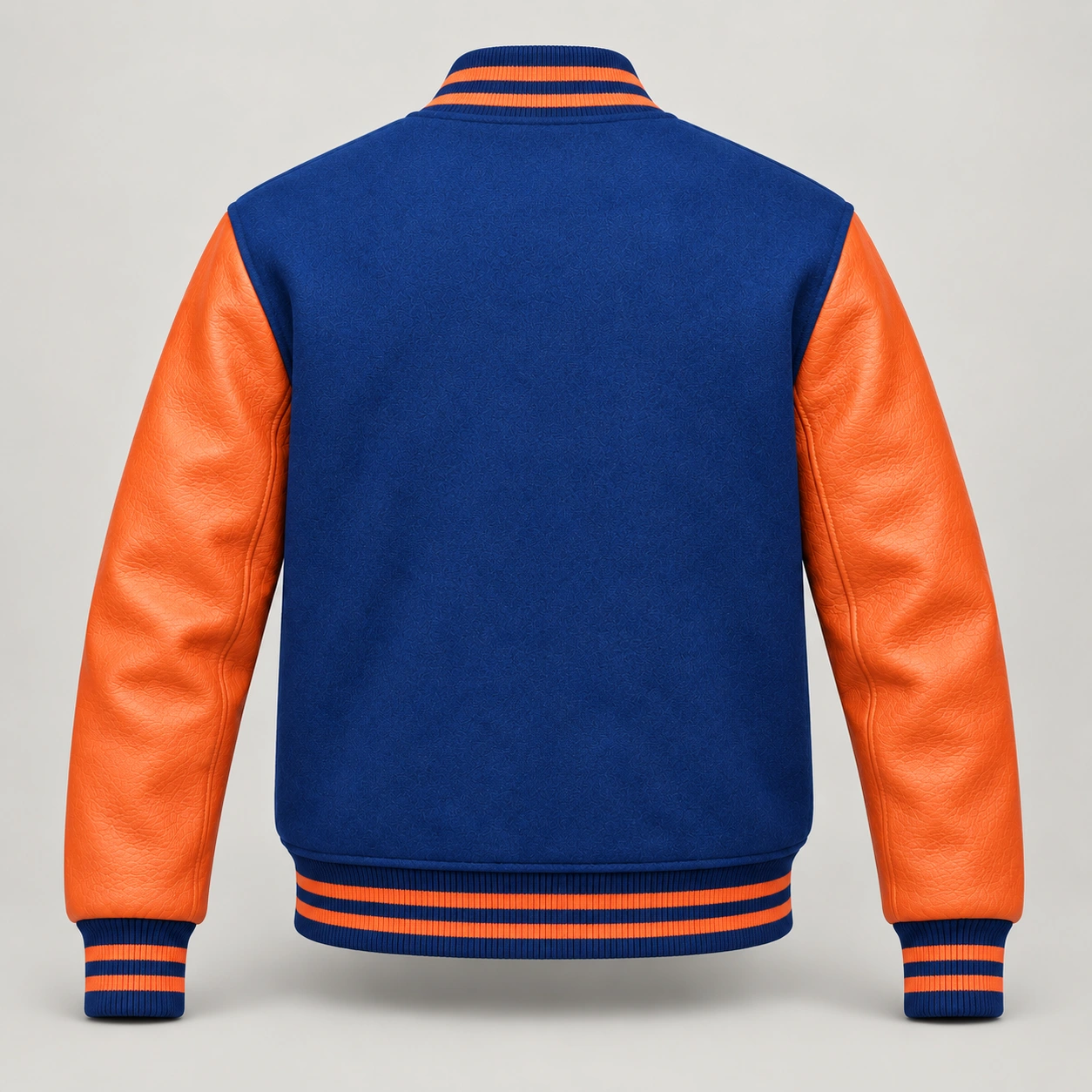 Royal Blue Wool and Orange Leather Varsity Jacket, back view