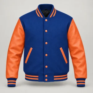 Royal Blue Wool and Orange Leather Varsity Jacket, front view
