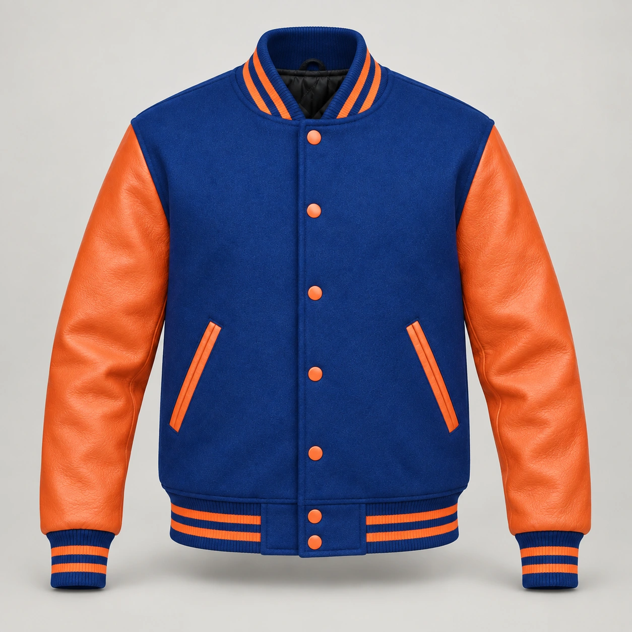 Royal Blue Wool and Orange Leather Varsity Jacket, front view