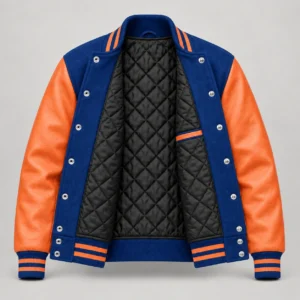 Royal Blue Wool and Orange Leather Varsity Jacket, open black quilted lining with one left interior pocket and steel snap backs