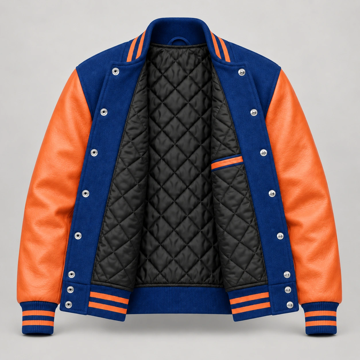 Royal Blue Wool and Orange Leather Varsity Jacket, open black quilted lining with one left interior pocket and steel snap backs