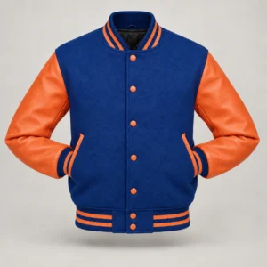 Royal Blue Wool and Orange Leather Varsity Jacket, front with sleeves tucked into outer pockets