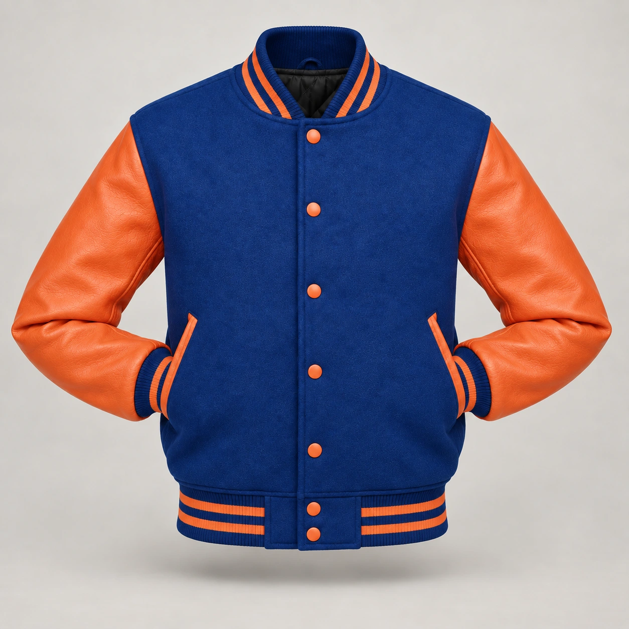 Royal Blue Wool and Orange Leather Varsity Jacket, front with sleeves tucked into outer pockets