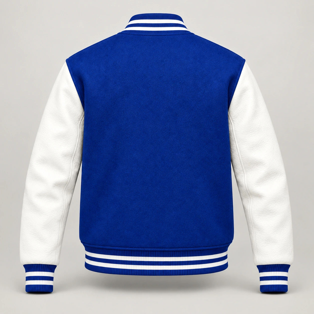 Royal blue wool and white leather varsity jacket, back view