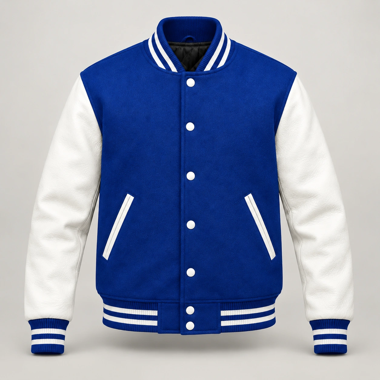 Royal blue wool and white leather varsity jacket, front view