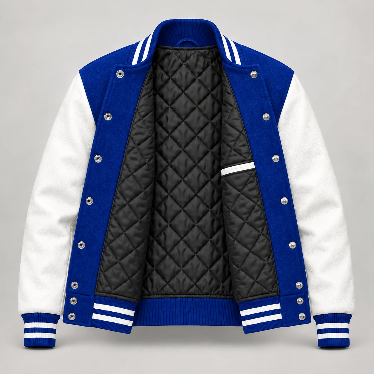 Royal blue wool and white leather varsity jacket, open view showing black quilted lining, one left interior pocket and steel snap backs