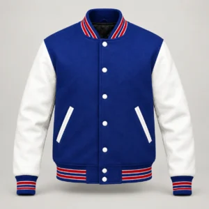 Royal Blue Wool and White Leather Varsity Jacket – Red & White Trim, front view