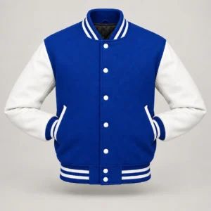 Royal blue wool and white leather varsity jacket, front view with sleeves tucked into pockets