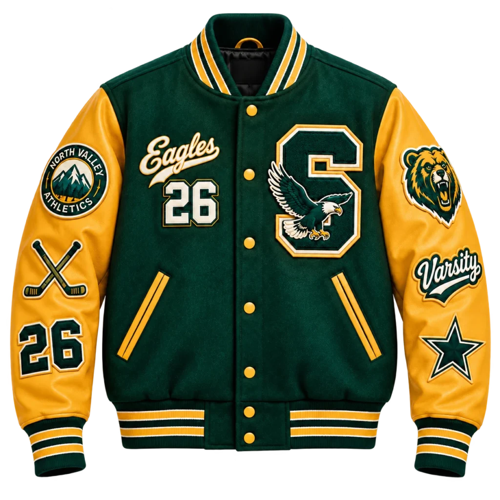 Personalized forest green and gold varsity letterman jacket with embroidered patches