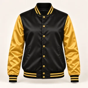Women’s Black & Gold Satin Varsity Jacket — front view