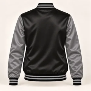 Women’s Black & Grey Satin Varsity Jacket — back view