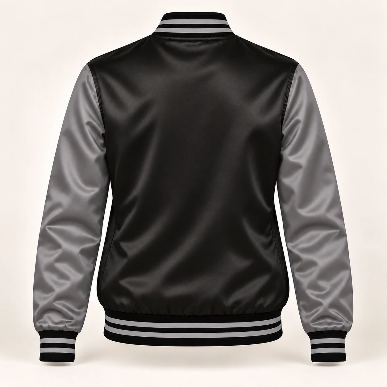 Women’s Black & Grey Satin Varsity Jacket — back view