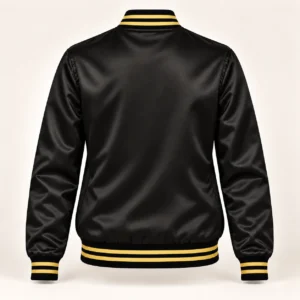 Women’s Black Satin Varsity Jacket – Gold Stripe Trim — back view