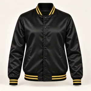 Women’s Black Satin Varsity Jacket – Gold Stripe Trim — front view