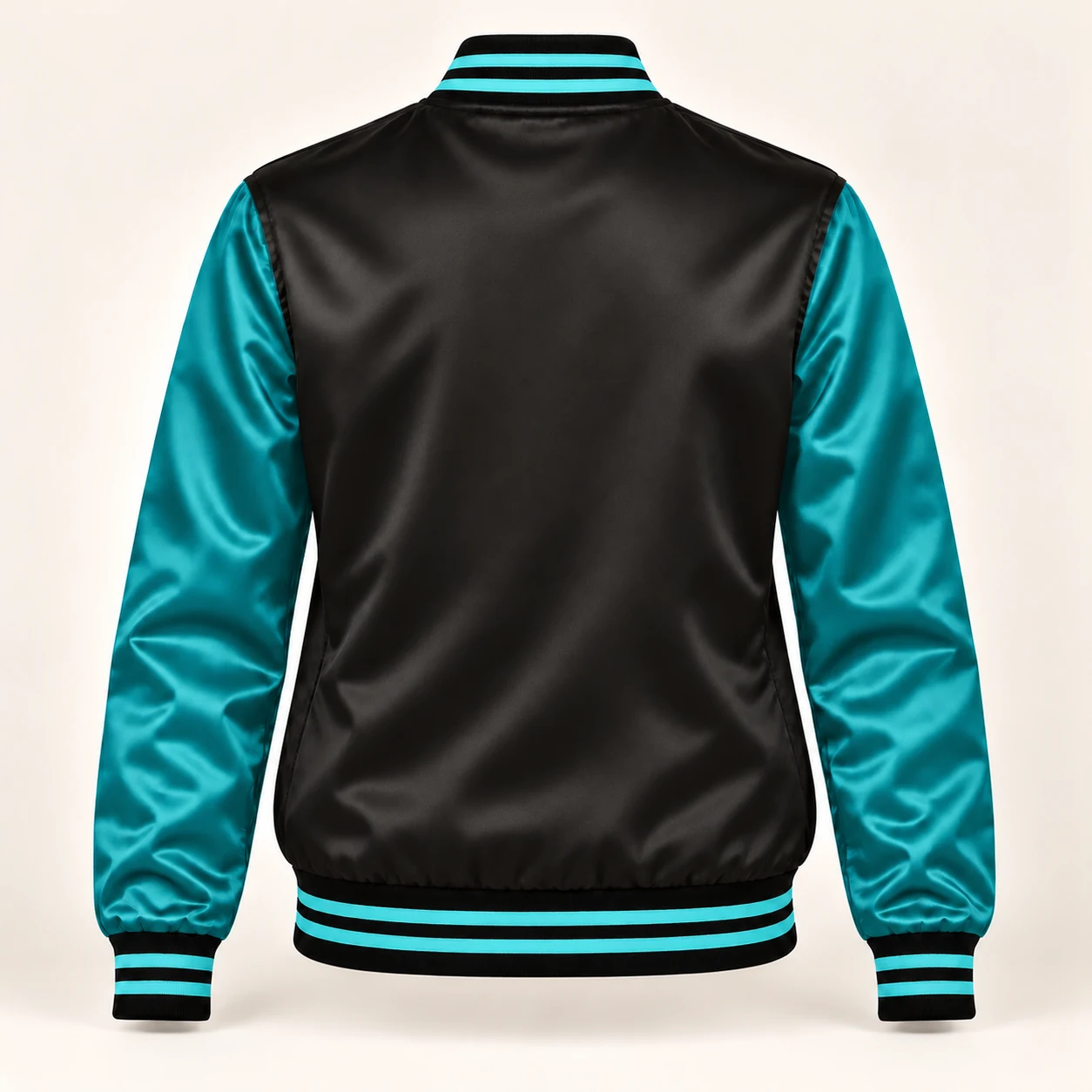 Women’s Black & Teal Satin Varsity Jacket — back view