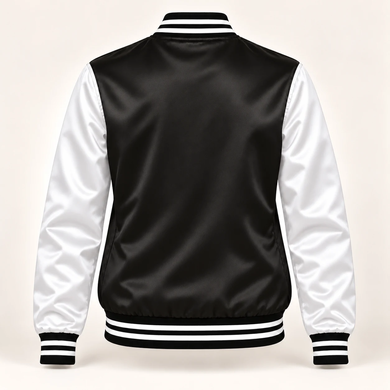 Women’s Black & White Satin Varsity Jacket — back view