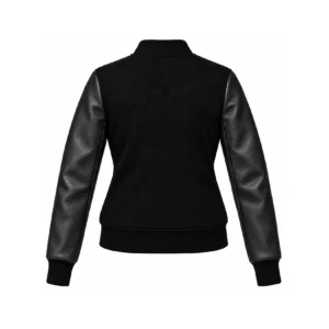 Back view of Women's Black Wool/Black Leather Varsity Jacket – Solid Black Trim