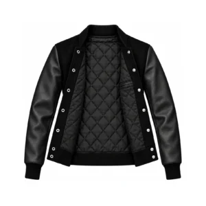 Open Women's Black Wool/Black Leather Varsity Jacket – Solid Black Trim showing black quilted lining, one left interior pocket with double leather welt trim and steel snap backs