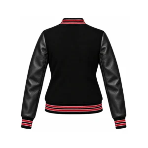 Back view of Women's Black Wool/Black Leather Varsity Jacket – Red & White Trim
