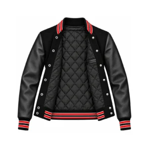 Open Women's Black Wool/Black Leather Varsity Jacket – Red & White Trim showing black quilted lining, one left interior pocket with double leather welt trim and steel snap backs