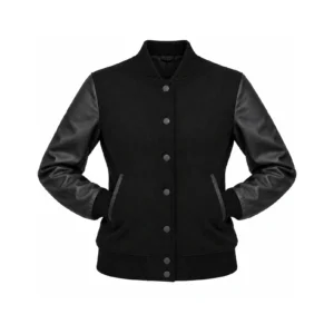Women's Black Wool/Black Leather Varsity Jacket – Solid Black Trim with both sleeves tucked into the outer pockets and two waistband snaps