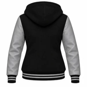 Women's Black Wool / Grey Leather Hooded Varsity Jacket — back view