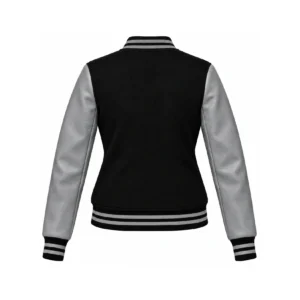 Back view of Women's Black Wool/Grey Leather Varsity Jacket