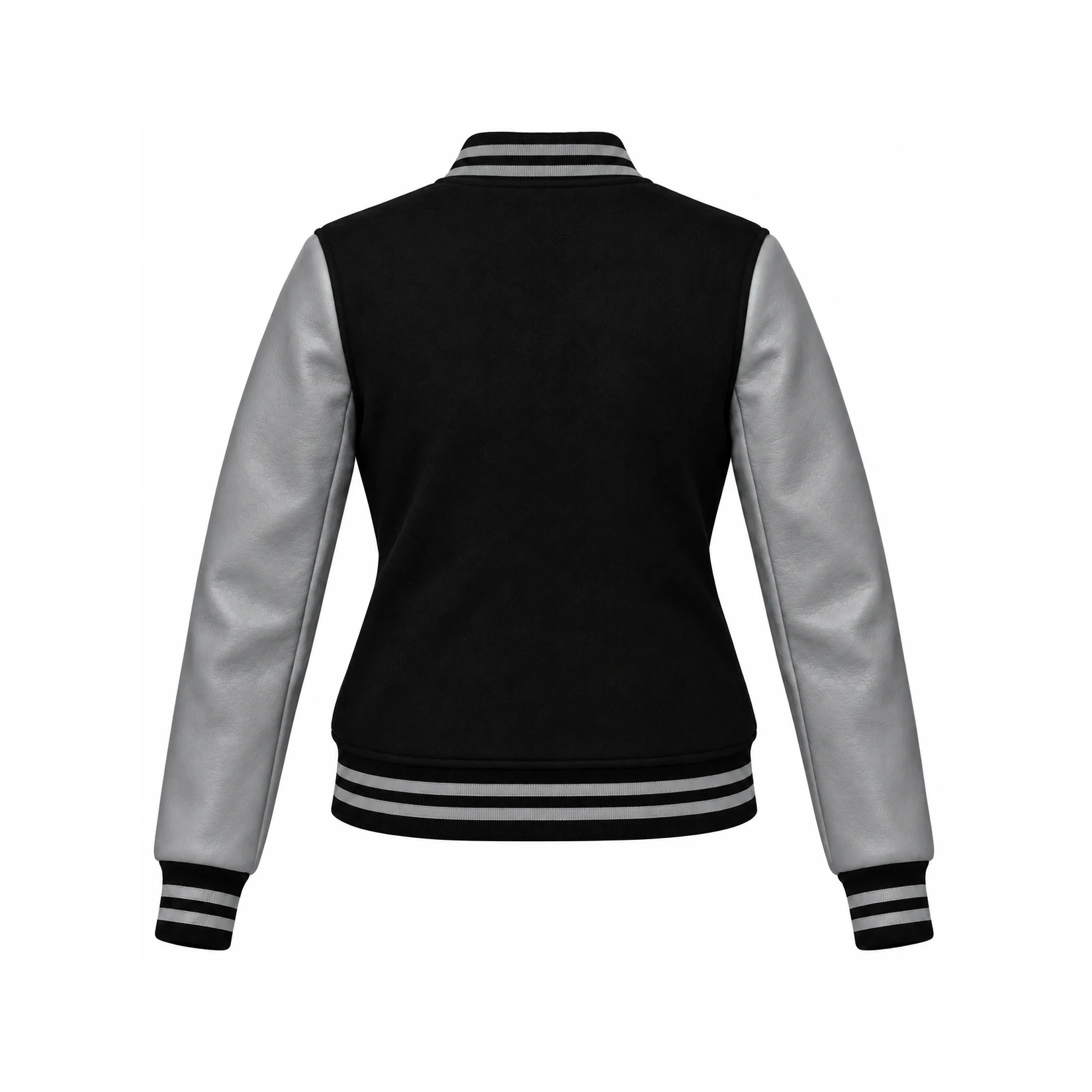 Back view of Women's Black Wool/Grey Leather Varsity Jacket