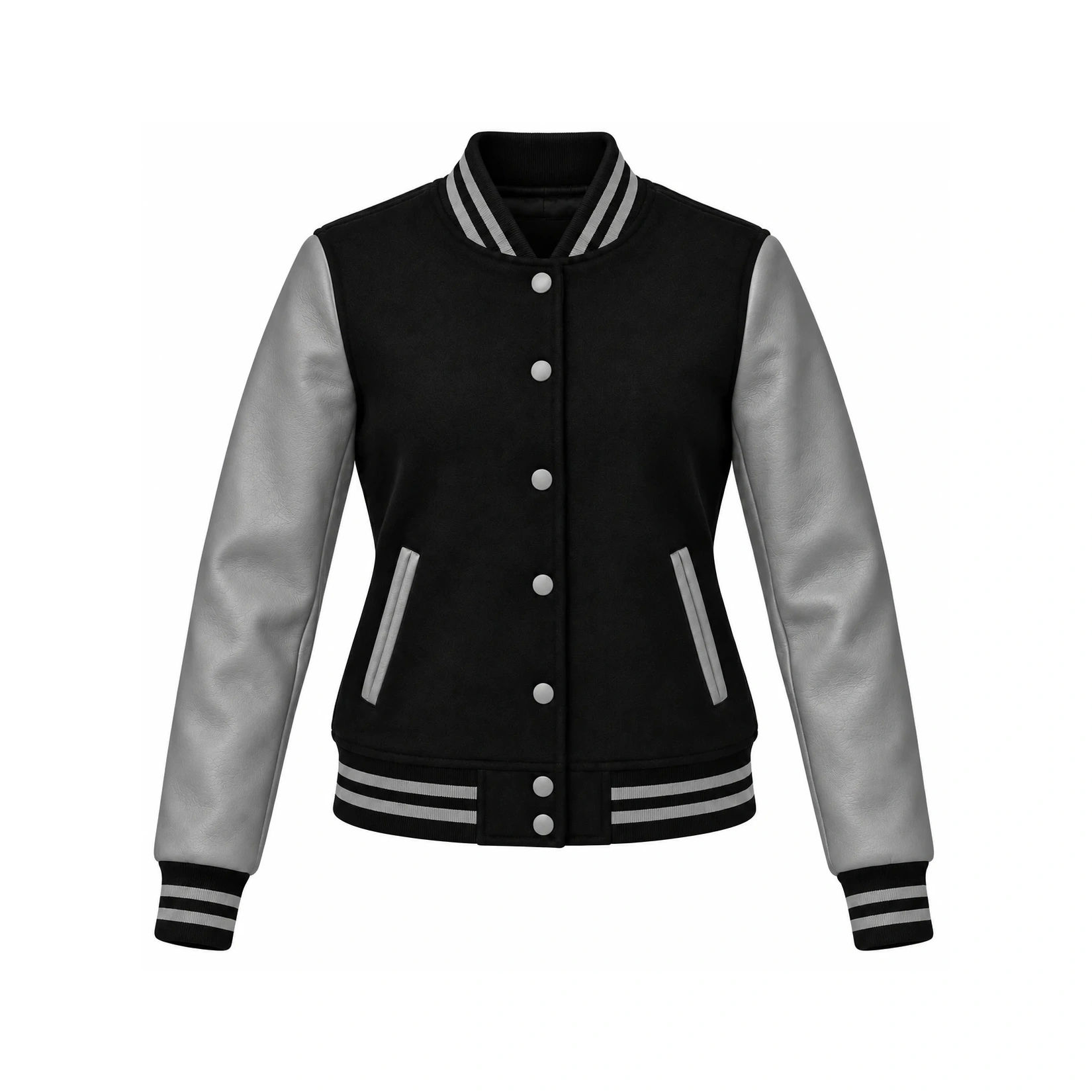 Front view of Women's Black Wool/Grey Leather Varsity Jacket