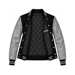 Open Women's Black Wool/Grey Leather Varsity Jacket showing black quilted lining, one left interior pocket with double leather welt trim and steel snap backs