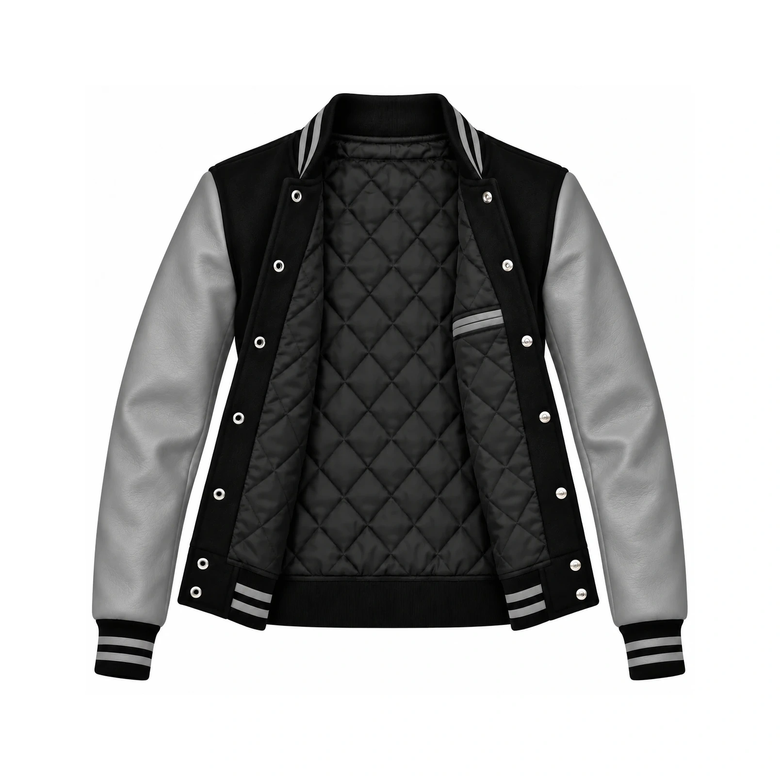 Open Women's Black Wool/Grey Leather Varsity Jacket showing black quilted lining, one left interior pocket with double leather welt trim and steel snap backs