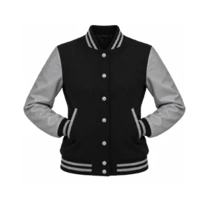 Women's Black Wool/Grey Leather Varsity Jacket with both sleeves tucked into the outer pockets and two waistband snaps