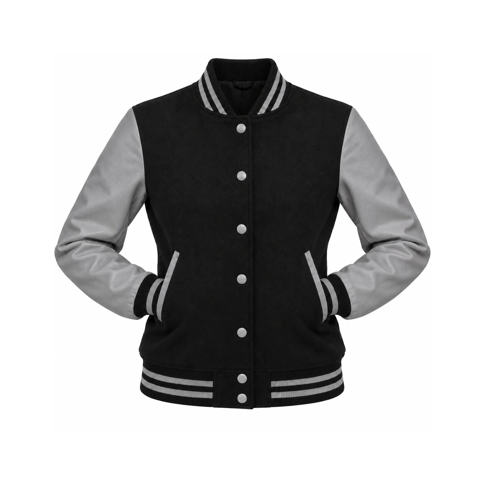 Women's Black Wool/Grey Leather Varsity Jacket with both sleeves tucked into the outer pockets and two waistband snaps