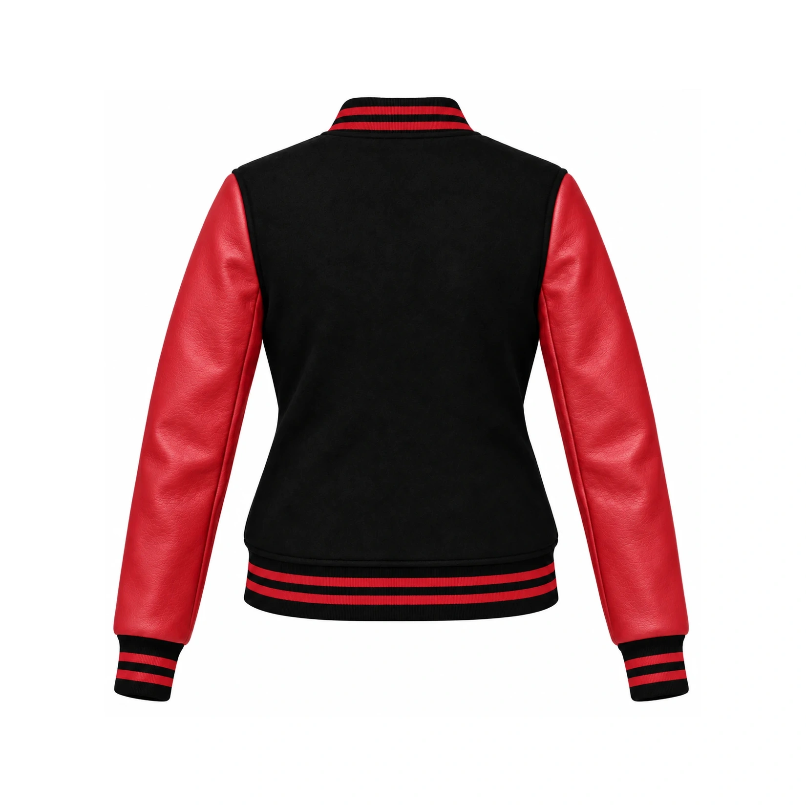 Back view of Women's Black Wool/Red Leather Varsity Jacket