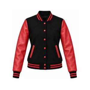 Front view of Women's Black Wool/Red Leather Varsity Jacket