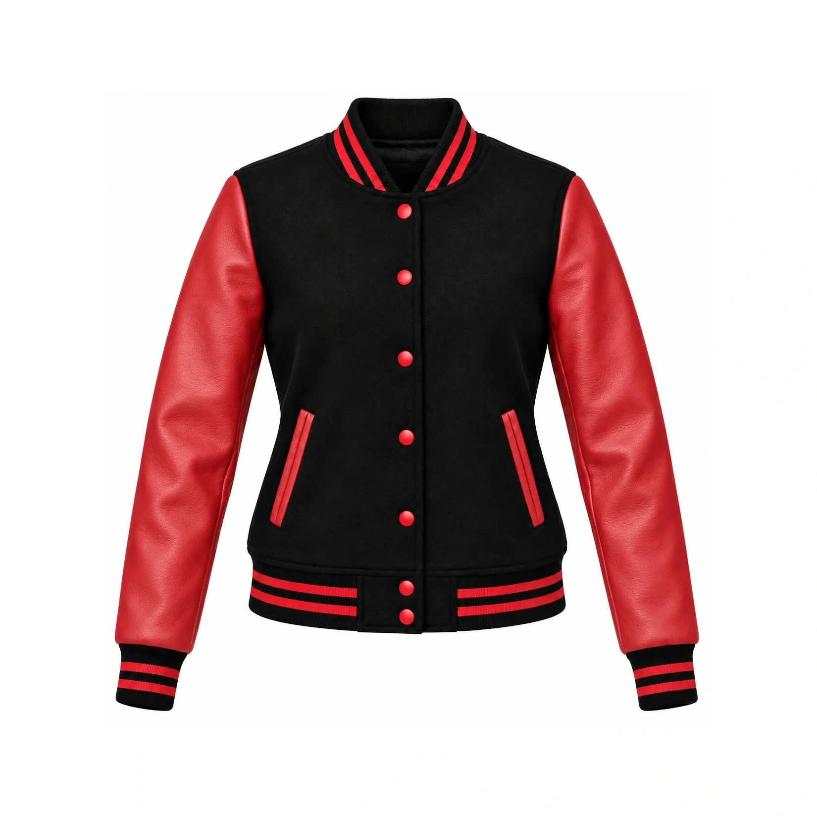 Front view of Women's Black Wool/Red Leather Varsity Jacket