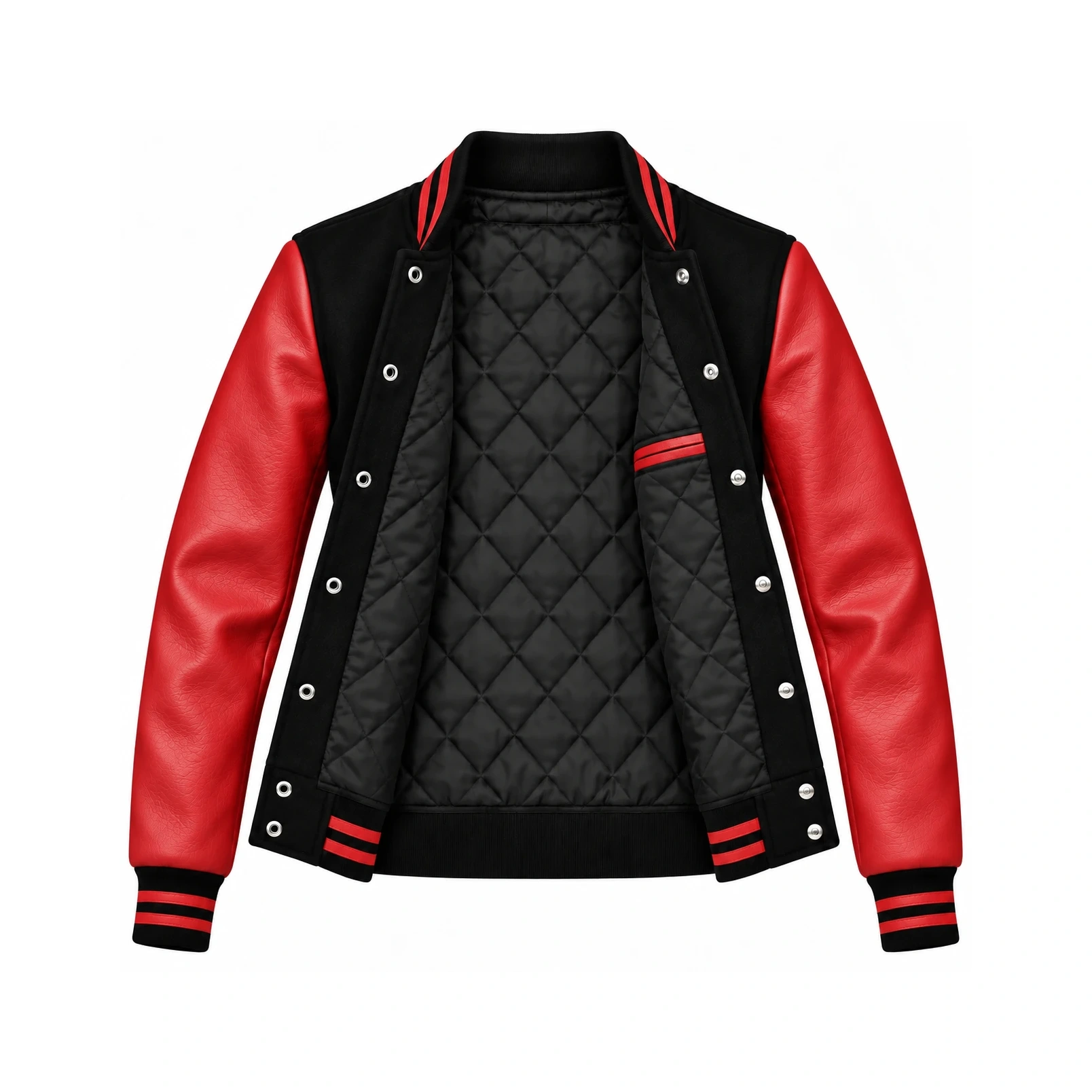 Open Women's Black Wool/Red Leather Varsity Jacket showing black quilted lining, one left interior pocket with double leather welt trim and steel snap backs