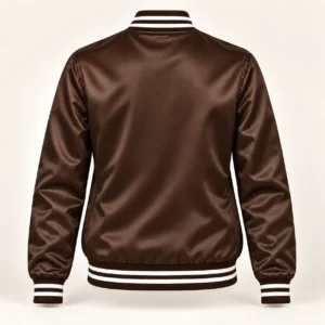 Women’s Brown Satin Varsity Jacket – White Stripe Trim — back view