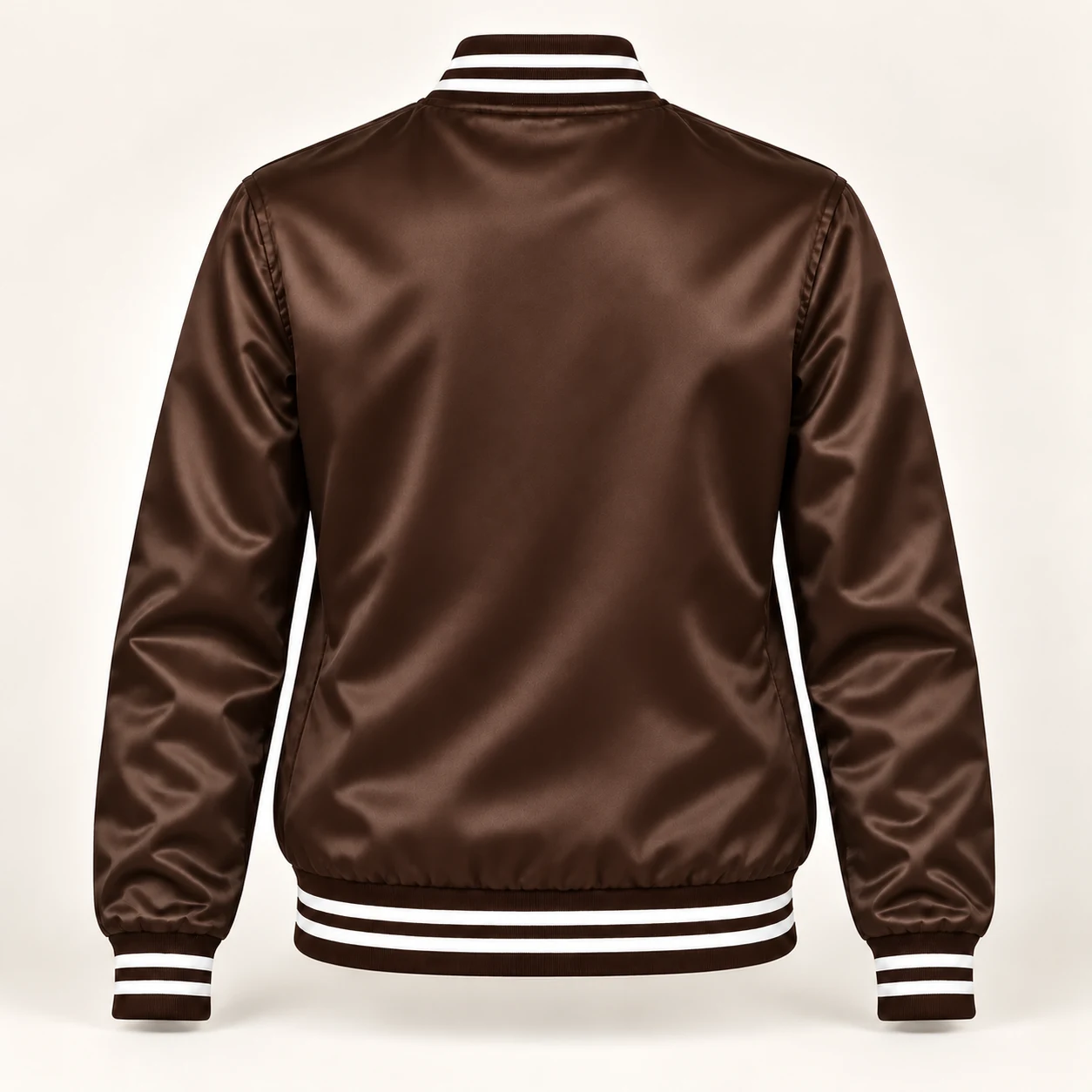 Women’s Brown Satin Varsity Jacket – White Stripe Trim — back view