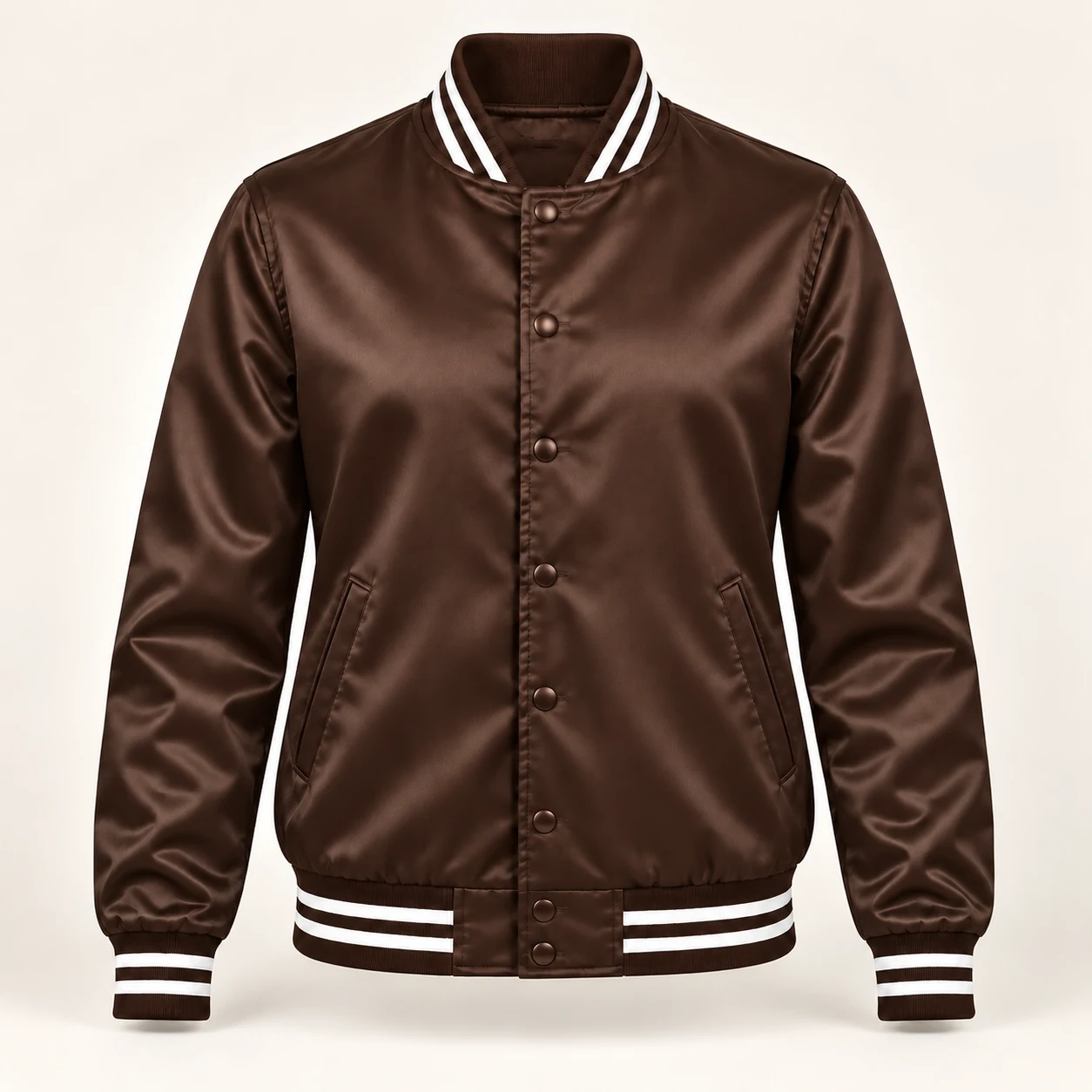 Women’s Brown Satin Varsity Jacket – White Stripe Trim — front view