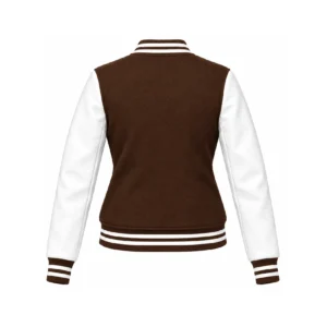 Back view of Women's Brown Wool/White Leather Varsity Jacket