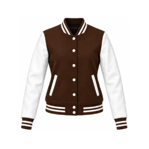 Front view of Women's Brown Wool/White Leather Varsity Jacket