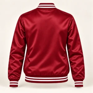 Women’s Cardinal Red Satin Varsity Jacket – White Stripe Trim — back view