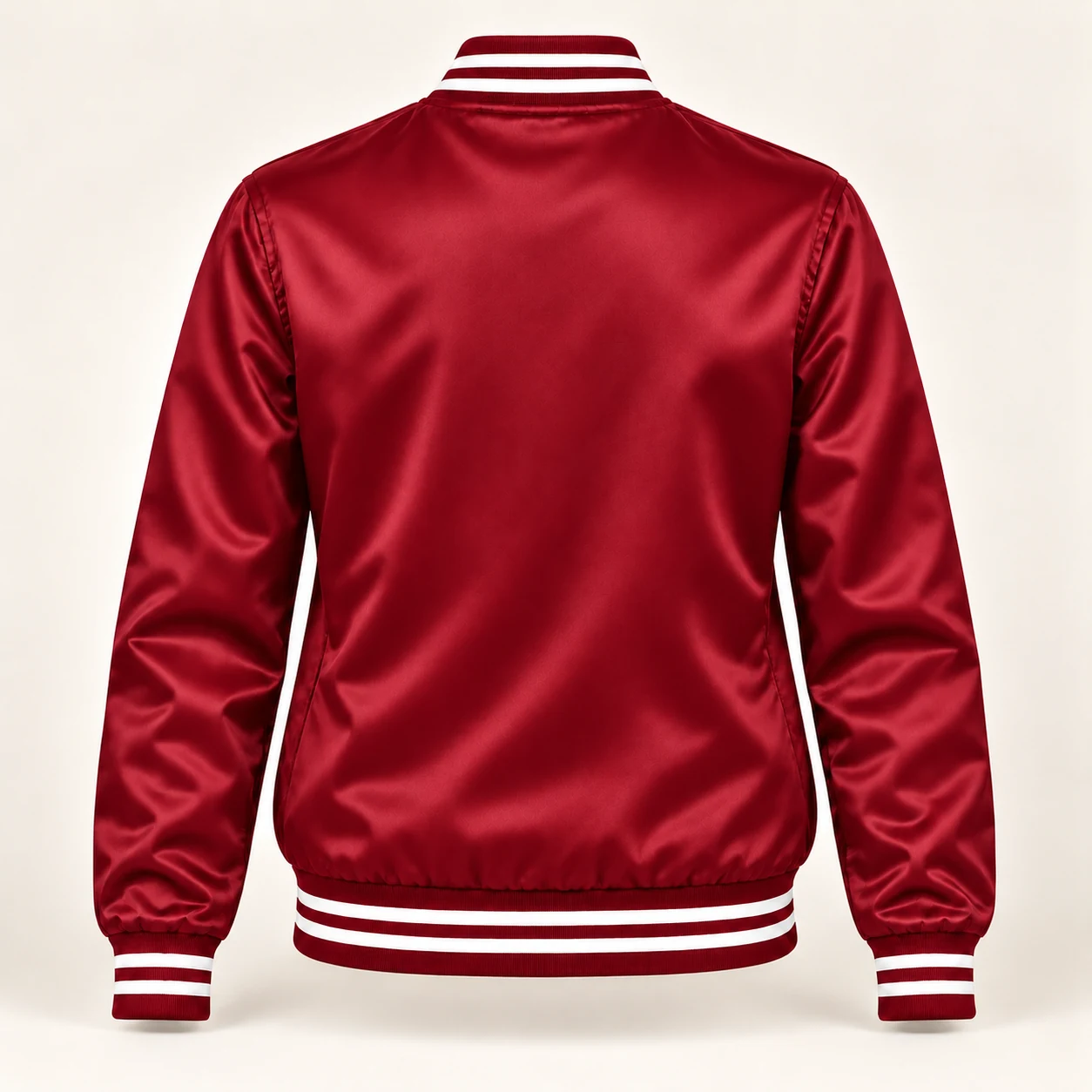 Women’s Cardinal Red Satin Varsity Jacket – White Stripe Trim — back view