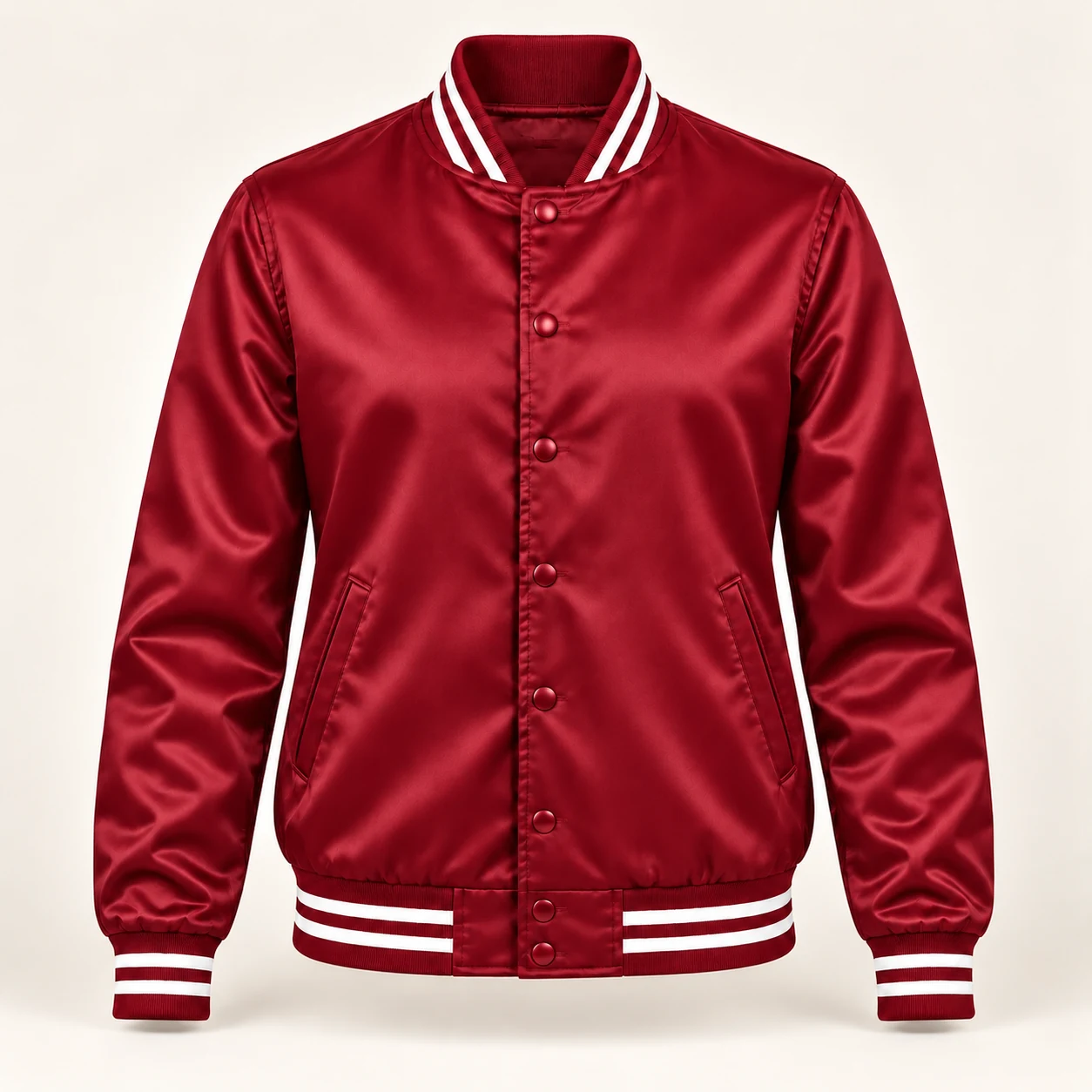 Women’s Cardinal Red Satin Varsity Jacket – White Stripe Trim — front view