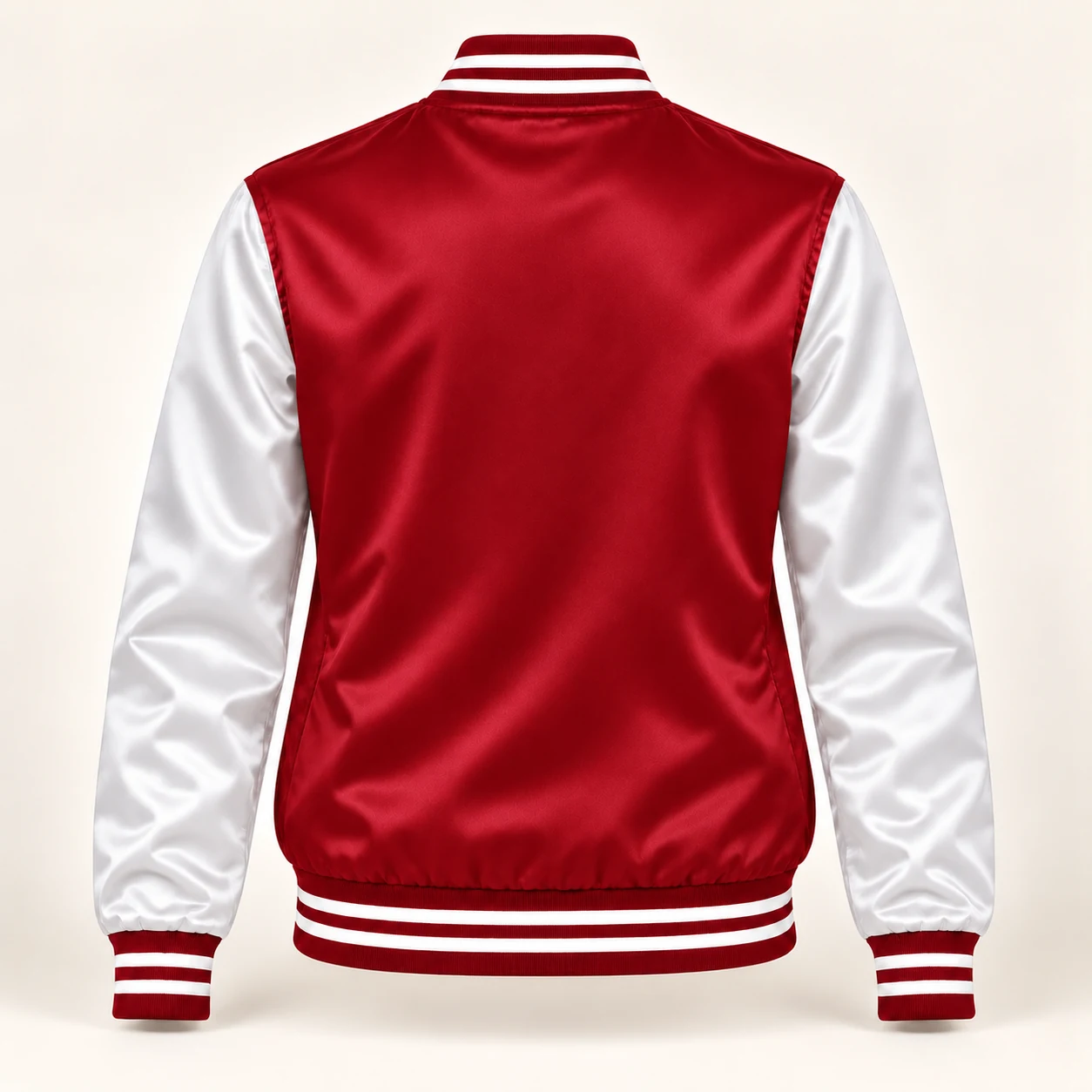 Women’s Cardinal & White Satin Varsity Jacket — back view