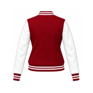 Back view of women's cardinal wool/white leather varsity jacket