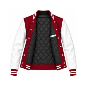 Open women's cardinal wool/white leather varsity jacket showing black quilted lining, one left interior pocket with double leather welt trim and steel snap backs