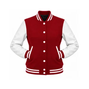 Women's Cardinal Wool/White Leather Varsity Jacket with both sleeves tucked into the outer pockets and two waistband snaps